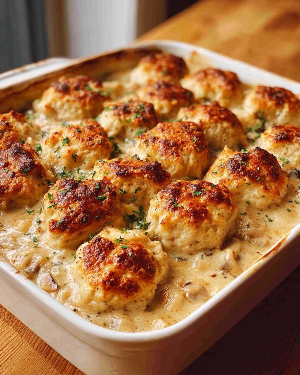 The image shows a white rectangular baking dish filled with a creamy casserole topped with about 15 golden-brown, round dumplings arranged in rows. The dumplings have a slightly rough texture with browned spots and some green herbs sprinkled on top. The creamy base underneath looks thick, light beige with small visible chunks of vegetables. The dish rests on a wooden surface with a blurred background. photo taken with an iphone --ar 4:5 --v 7
