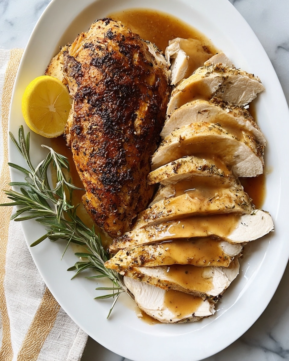 A white oval plate holds a roasted chicken breast with a dark brown, crispy skin on the left side, alongside several slices of tender white chicken meat covered with a glossy brown gravy on the right. There is a sprig of green rosemary placed near the bottom and the left side of the chicken. At the top left of the plate, a bright yellow half lemon rests next to the meat. The plate sits on a white marbled surface with a beige and white striped cloth partly visible on the left side. Photo taken with an iphone --ar 4:5 --v 7