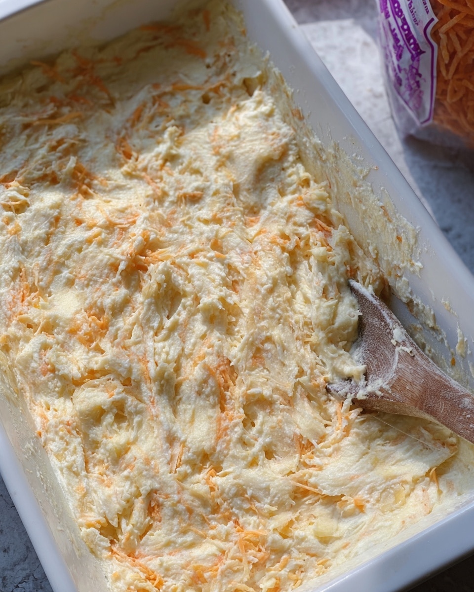 A close-up of a white rectangular dish filled with a creamy, mixed texture base layer with visible strands of shredded potatoes and small bits of orange cheese spread evenly across the surface. The mixture has a smooth yet slightly chunky look, with the spoon resting on the right edge, showing the thick consistency. The background shows part of a white marbled texture surface and a partially visible bag of shredded hash browns in the upper right corner. Photo taken with an iphone --ar 4:5 --v 7