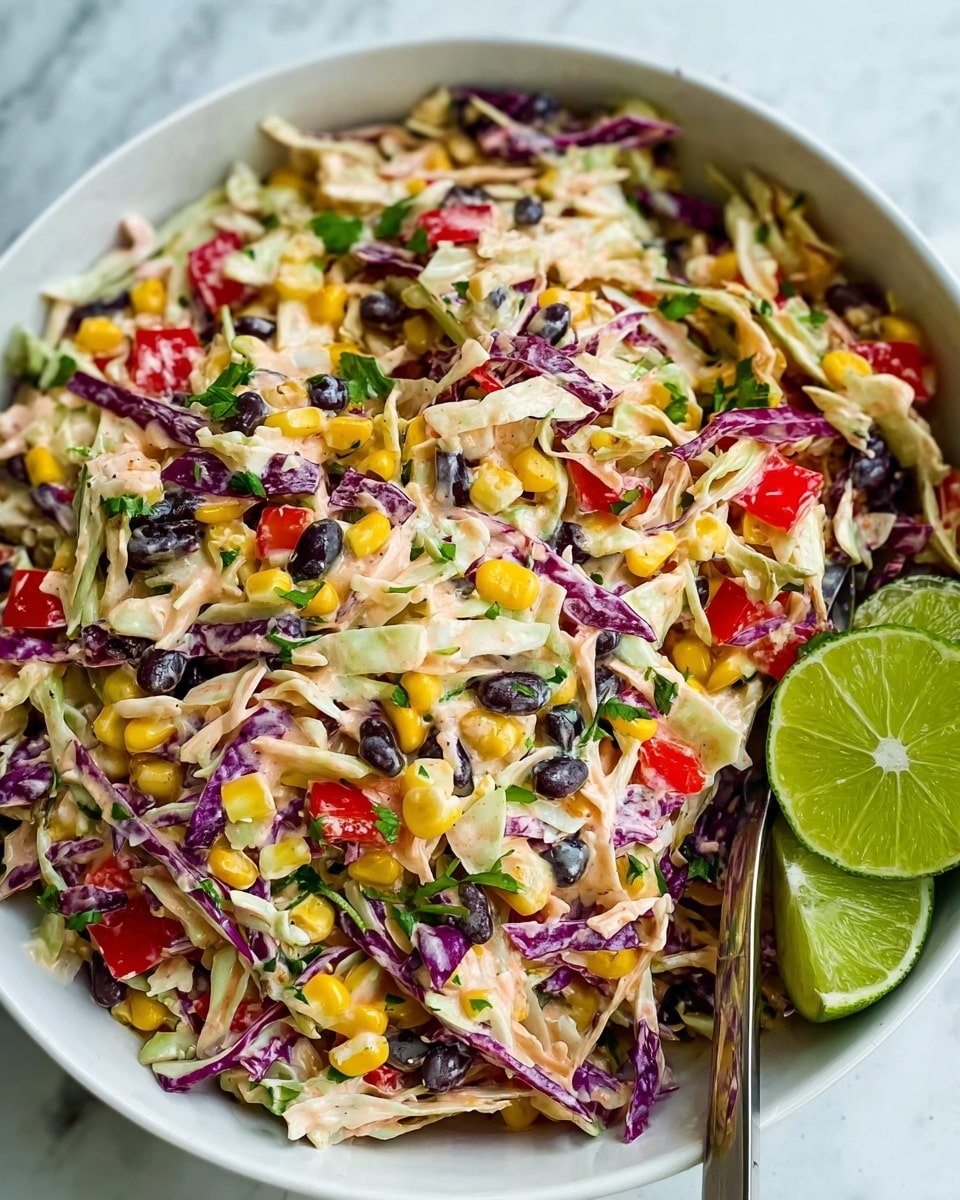 A close-up view of a colorful salad in a white bowl on a white marbled surface, showing a mix of shredded light cream cabbage, black beans, bright yellow corn kernels, and diced red bell peppers. There are thin strips of purple cabbage scattered throughout, and small green herbs sprinkled on top. Two lime wedges rest on the edges of the salad, adding a fresh, bright green contrast. The salad has a light creamy dressing coating the ingredients, giving a slightly shiny texture. photo taken with an iphone --ar 4:5 --v 7