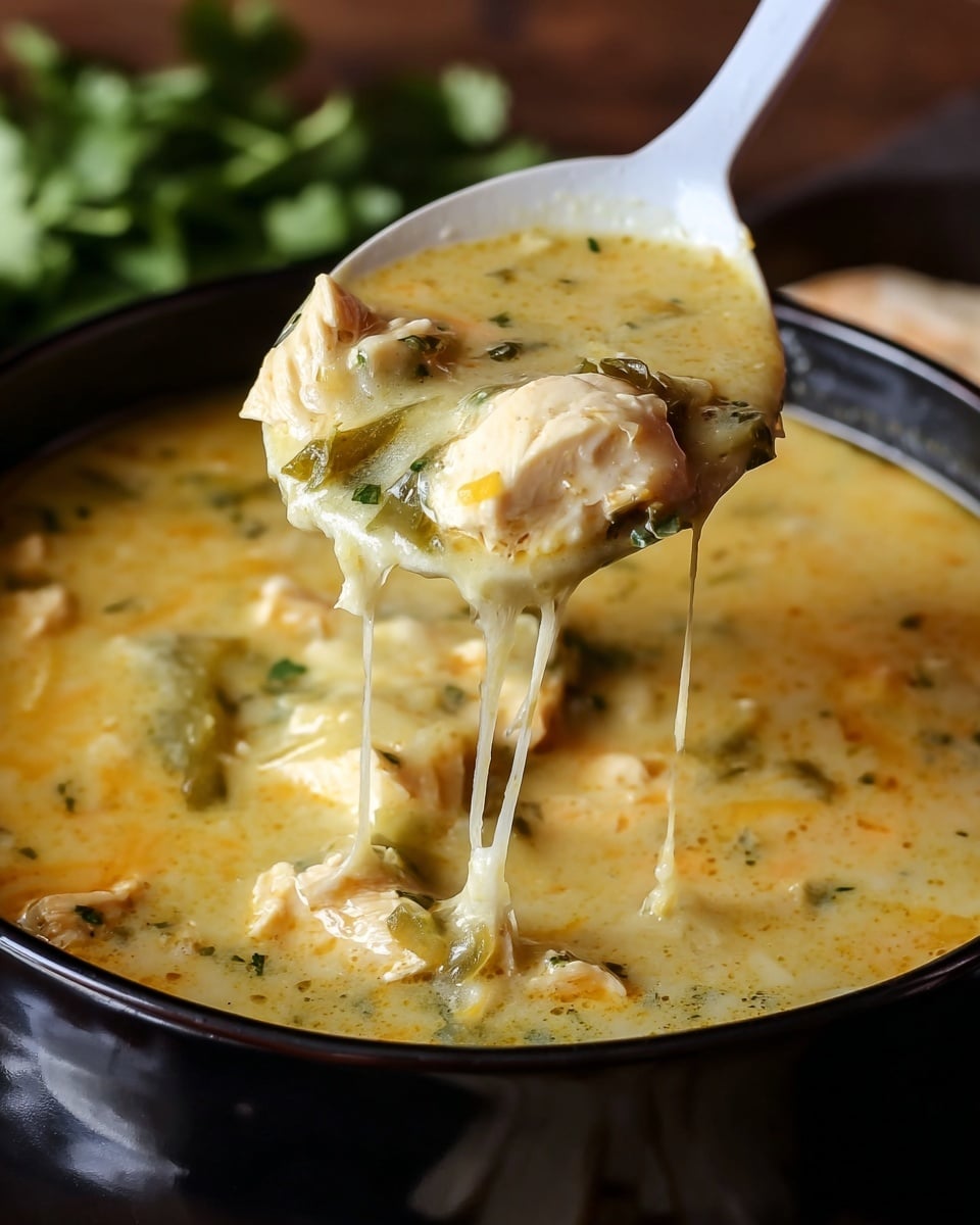 A close-up of a white spoon lifting a thick, creamy yellow soup filled with chunks of white chicken, bits of green pepper, and small herbs like cilantro. The soup has a smooth texture with melted strings of cheese stretching from the spoon back into the black bowl it is served in. The black bowl is filled almost to the top with the soup, showing a warm, hearty, and rich mixture. The background is softly blurred, highlighting the soup's creamy consistency and fresh ingredients. Photo taken with an iphone --ar 4:5 --v 7
