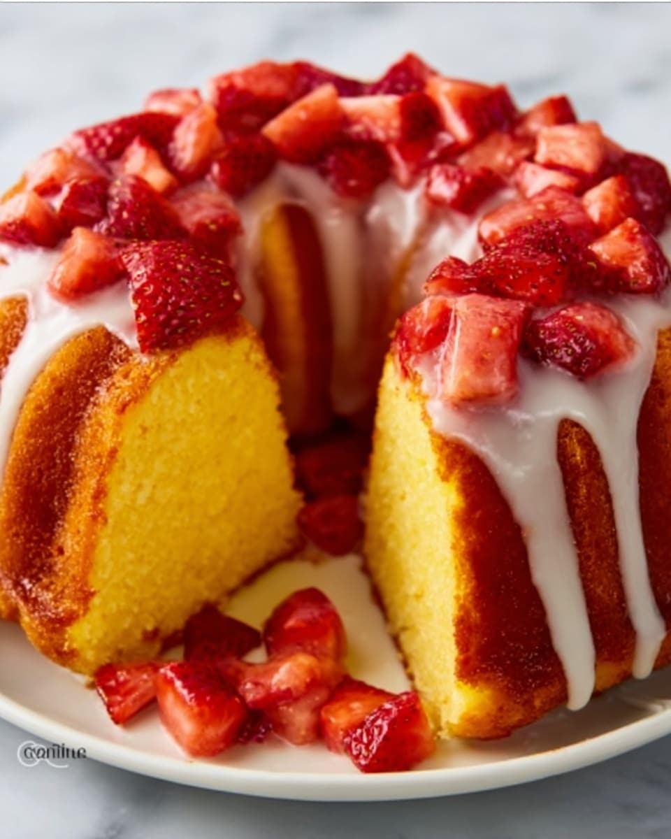 A bright yellow bundt cake with a soft, fluffy texture is topped with a smooth white glaze that drips down the sides. On top of the glaze, there are chunks of fresh, red strawberries spread evenly, adding a fresh, juicy look. The cake is sliced to show the inside, which is dense and moist. The dish is set on a white plate on a white marbled surface. Photo taken with an iphone --ar 4:5 --v 7
