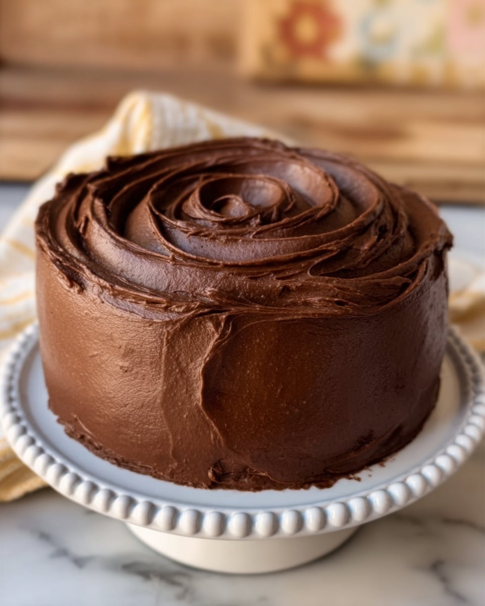 The image shows a round bundt cake covered completely in thick, smooth, and creamy chocolate frosting. The frosting is dark brown and glossy, spread in soft, swirling patterns and thick layers all over the cake's surface, including the sides and the top ridges. The cake sits on a simple white plate on a white marbled surface in a kitchen setting. Photo taken with an iphone --ar 4:5 --v 7