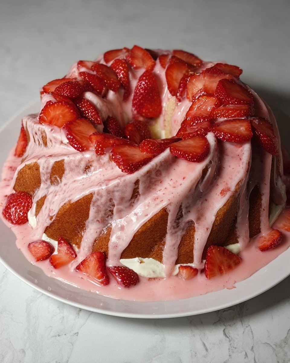 A bundt cake sits on a white plate over a white marbled surface. The cake has one main layer with a spiral shape, coated in a thick, pink glaze that drips down its sides. Fresh strawberry halves are placed evenly all over the cake, filling the spiral grooves and topping the center. There is a white cream sauce pooled around the base, mixed with the pink glaze that has run down, creating a soft blend of colors on the plate. The cake texture looks moist and fluffy under the glaze and strawberries. Photo taken with an iphone --ar 4:5 --v 7