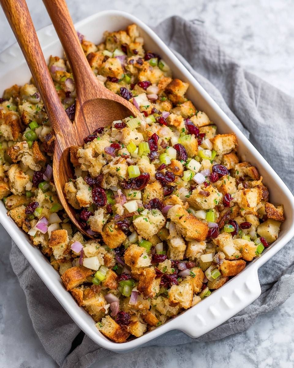 A close-up view of a white rectangular baking dish filled with stuffing made of roughly cut golden-brown bread cubes as the main layer. Mixed in are chopped pieces of red apple with skins on, bright green celery slices, translucent cooked onion bits, and deep red dried cranberries, all evenly spread on top. Small green herb sprinkles add a fresh touch, and a shiny gold spoon lifts a serving from the dish. The dish sits on a white marbled surface with a folded red checkered cloth beside it. photo taken with an iphone --ar 4:5 --v 7