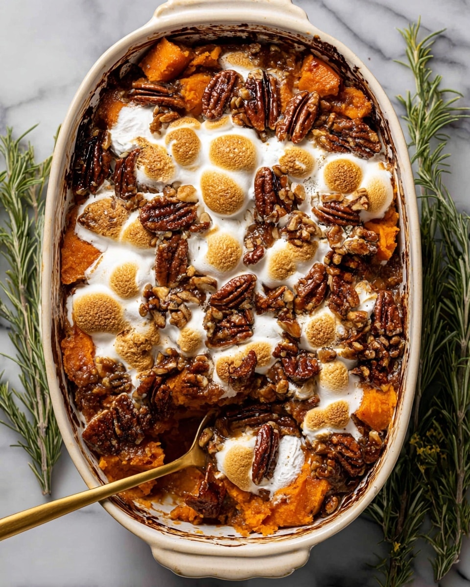 A baking dish filled with a sweet potato casserole that has three main layers: the bottom layer is chunky orange sweet potatoes, the middle layer consists of golden toasted marshmallows partially melted and spread unevenly, and the top layer is covered with glossy, whole pecans with a rich brown color. The casserole shows some dark caramelized spots around the edges and on the marshmallows. A gold spoon is scooping some of the casserole from the right side. The dish is placed on a white marbled surface with sprigs of rosemary around it. Photo taken with an iphone --ar 4:5 --v 7