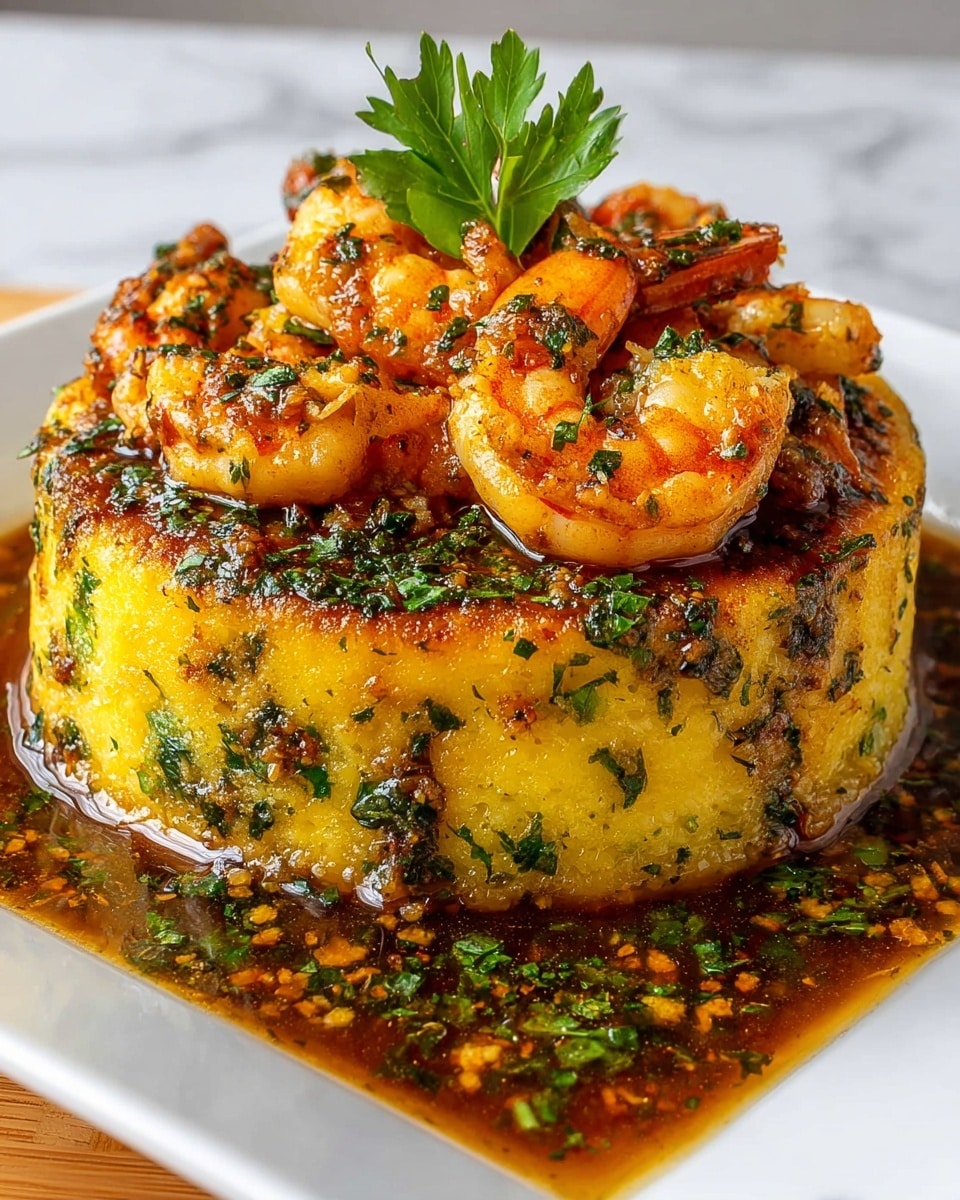 A round, thick yellow base with green herb bits baked inside sits in the center of a white square plate on a white marbled surface. The top of the base is slightly browned and crispy. On the top layer, there are several orange shrimp curled neatly, coated in herbs and spices. The whole dish is surrounded by a dark brown sauce sprinkled with chopped green herbs. A sprig of fresh parsley is placed on top for garnish. Photo taken with an iphone --ar 4:5 --v 7