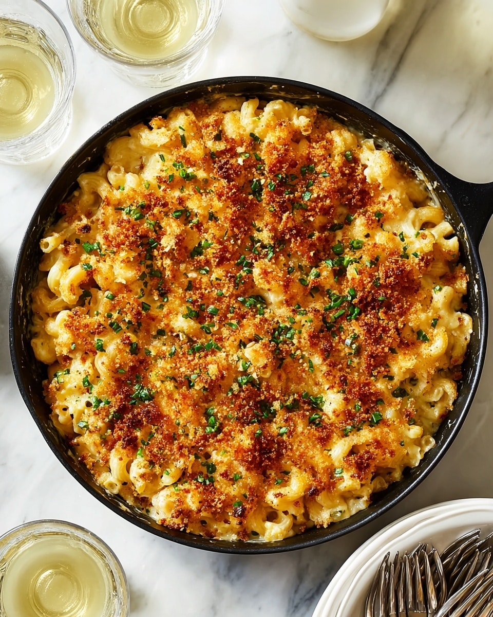 A round black cast iron pan filled with homemade baked macaroni and cheese sits on a white marbled surface. The dish has a golden brown crumb topping, sprinkled with small pieces of chopped green herbs evenly over melted creamy cheese and tender pasta pieces. The pasta looks slightly curled and soft, covered with melted cheese sauce underneath the crispy top layer. Surrounding the pan are two clear glasses filled with light yellow wine, a white plate with a silver knife and fork resting on it, and a partially visible bottle of white wine lying on its side. Photo taken with an iphone --ar 4:5 --v 7