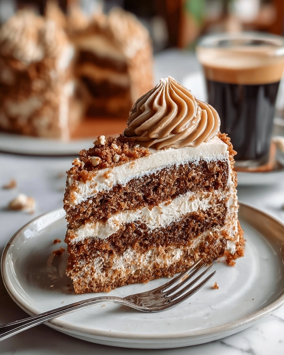 A close-up view of a slice of layered cake on a white plate with a silver fork beside it, the cake includes two thick, moist brown crumb layers separated by a creamy white and light brown filling, topped with a smooth white frosting layer, sprinkled with brown crumbles, and decorated with a thick swirl of light brown frosting on top, all set against a soft white marbled surface background with another part of the cake and a glass of dark coffee blurred in the back, photo taken with an iphone --ar 4:5 --v 7
