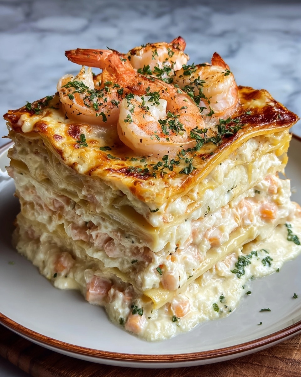 A thick square piece of lasagna is shown with three visible layers of soft, golden pasta sheets separated by creamy white cheese mixed with small pieces of pink shrimp. The top layer is golden brown with melted, slightly browned cheese and several whole shrimp placed on top, sprinkled with green herbs. The lasagna looks creamy with some white sauce oozing slightly out, and it is served on a white plate with a thin brown rim, all set on a white marbled surface. Photo taken with an iphone --ar 4:5 --v 7