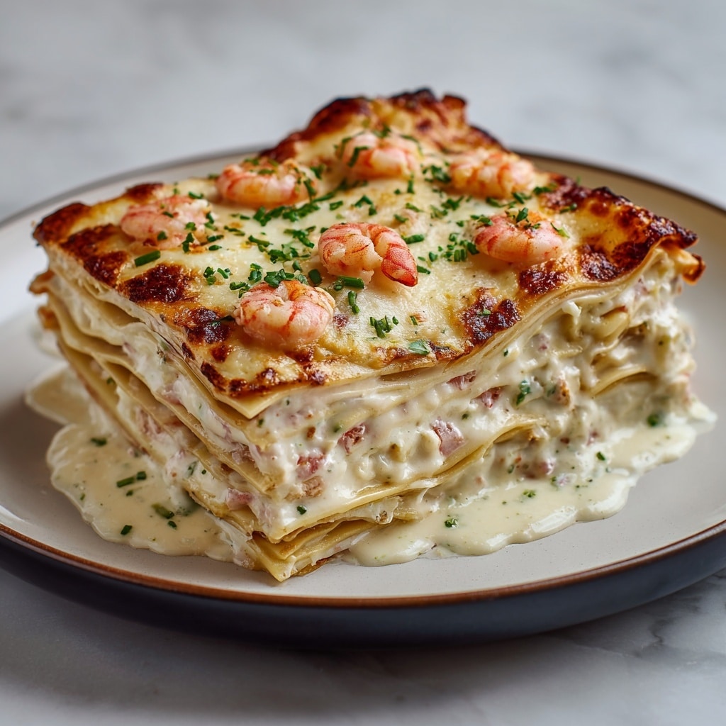 A thick, four-layer lasagna slice sits on a white plate with a dark inner surface, placed on a white marbled texture. The top layer is browned melted cheese with golden spots, garnished with small cooked shrimp and chopped green herbs. Below the top, three thick pasta layers alternate with creamy white sauce mixed with pieces of pink shrimp. The edges show some sauce spilling slightly onto the plate, adding a rich, soft texture to the dish. photo taken with an iphone --ar 4:5 --v 7
