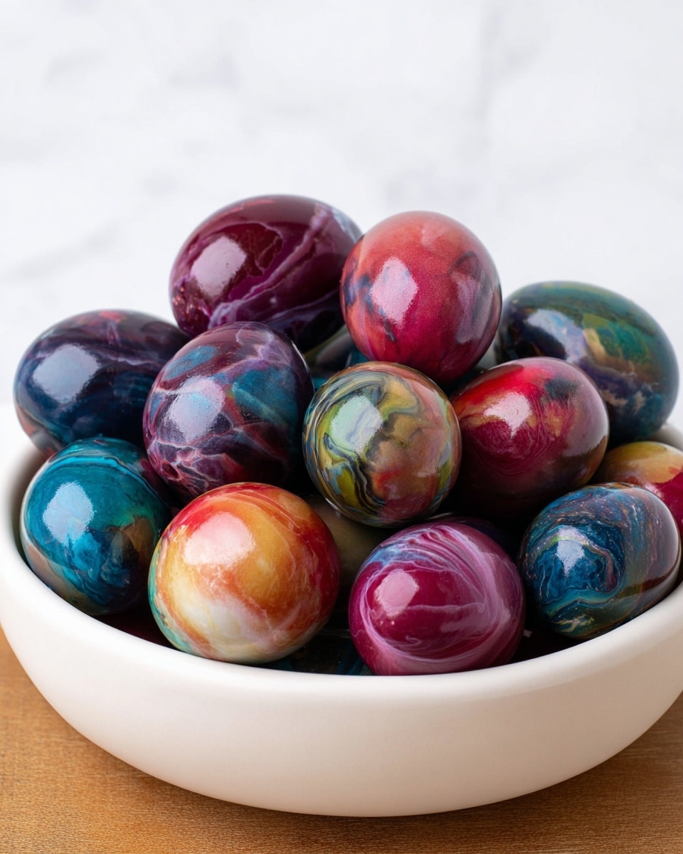 A white round bowl filled with many shiny eggs stacked high, each egg shows a colorful marbled layer pattern with swirls of bright red, deep purple, green, blue, and orange shades. The eggs have a smooth, glossy surface reflecting light, giving them a wet look, and the marbled colors blend and flow into each other with slight speckled details. The bowl sits on a wooden surface, contrasting with the rich colors of the eggs. The image has a clean white background. photo taken with an iphone --ar 4:5 --v 7