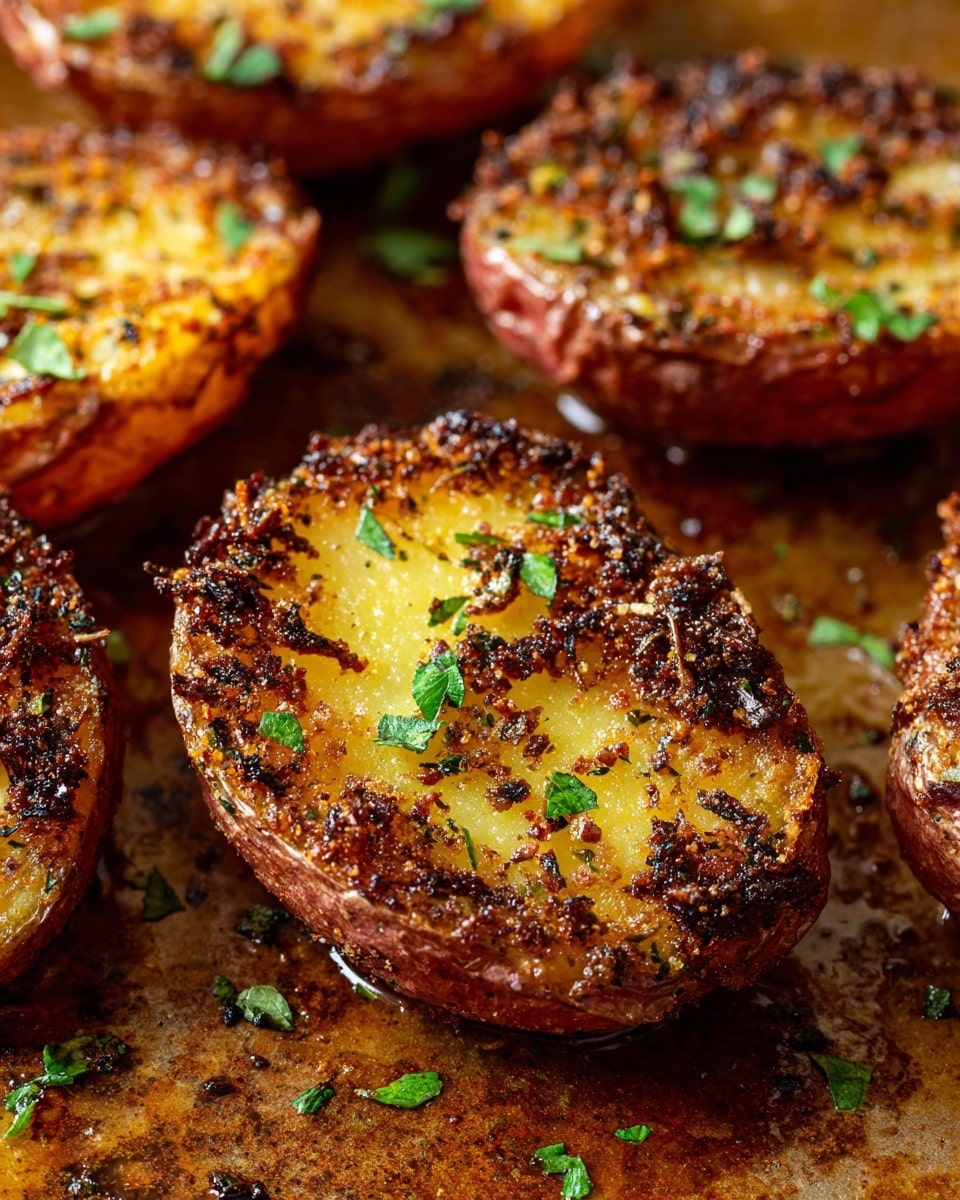 The image shows several golden-brown halved potatoes with crispy, textured skins, laid out closely on a baking tray. Each potato half has a smooth, shiny yellow inside layer topped with small crunchy browned bits of herbs and spices, and sprinkled with bright green leafy herbs, giving a contrast of colors and textures. The potatoes look roasted with slightly caramelized edges and some areas have a richer, darker crisped coating. The background has a white marbled texture, highlighting the warm tones of the potatoes. photo taken with an iphone --ar 4:5 --v 7