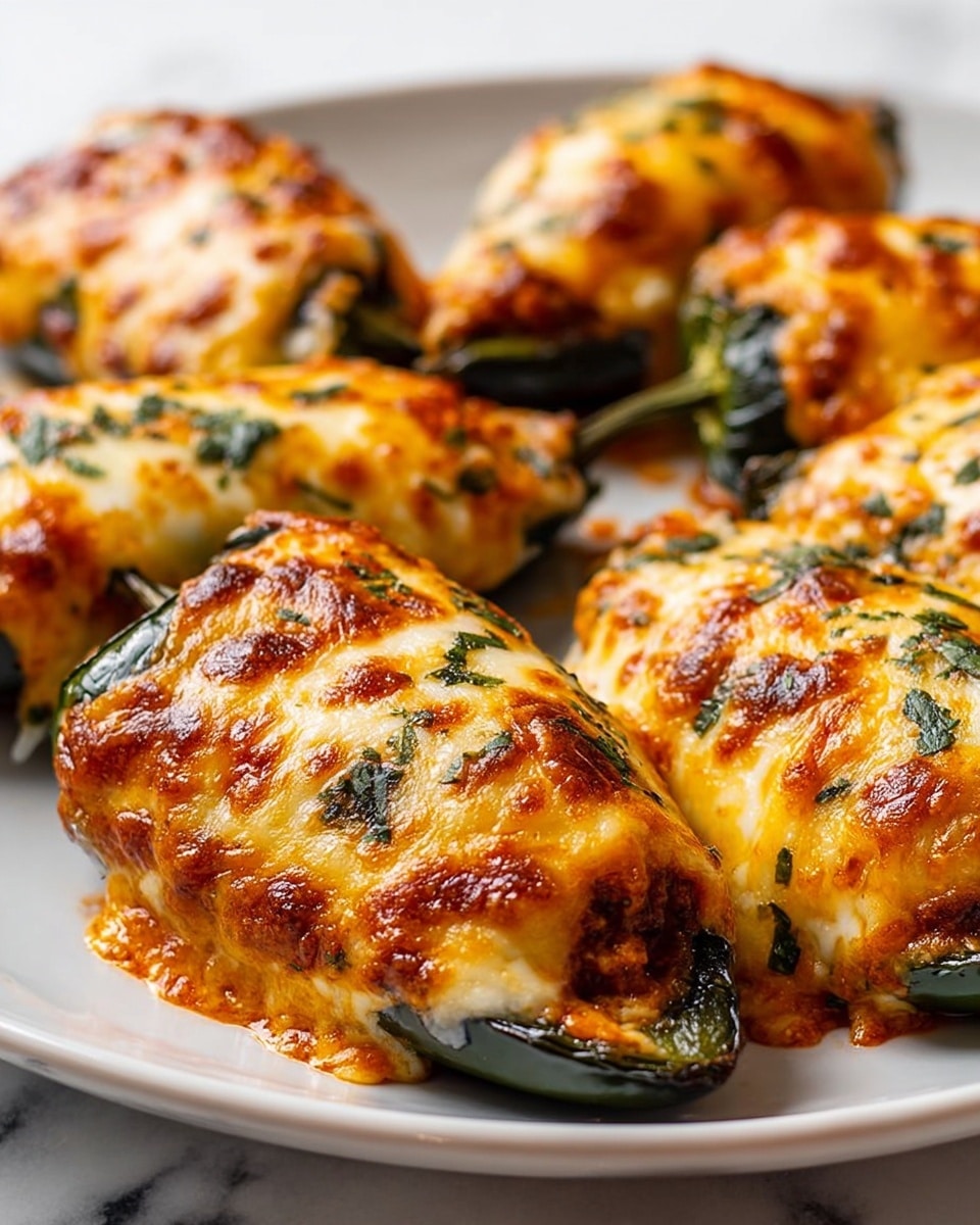 The image shows four stuffed eggplants on a white rectangular plate, each covered with a golden brown melted cheese layer with some crispy edges, topped with small green herb bits. Beneath the cheese is an orange-red sauce that is slightly spilling over the sides, giving a glossy, rich look. The eggplants are dark purple with green stems, and their skins are visible under the sauce and cheese. The plate rests on a white marbled surface, which adds a clean and bright background to the dish. photo taken with an iphone --ar 4:5 --v 7