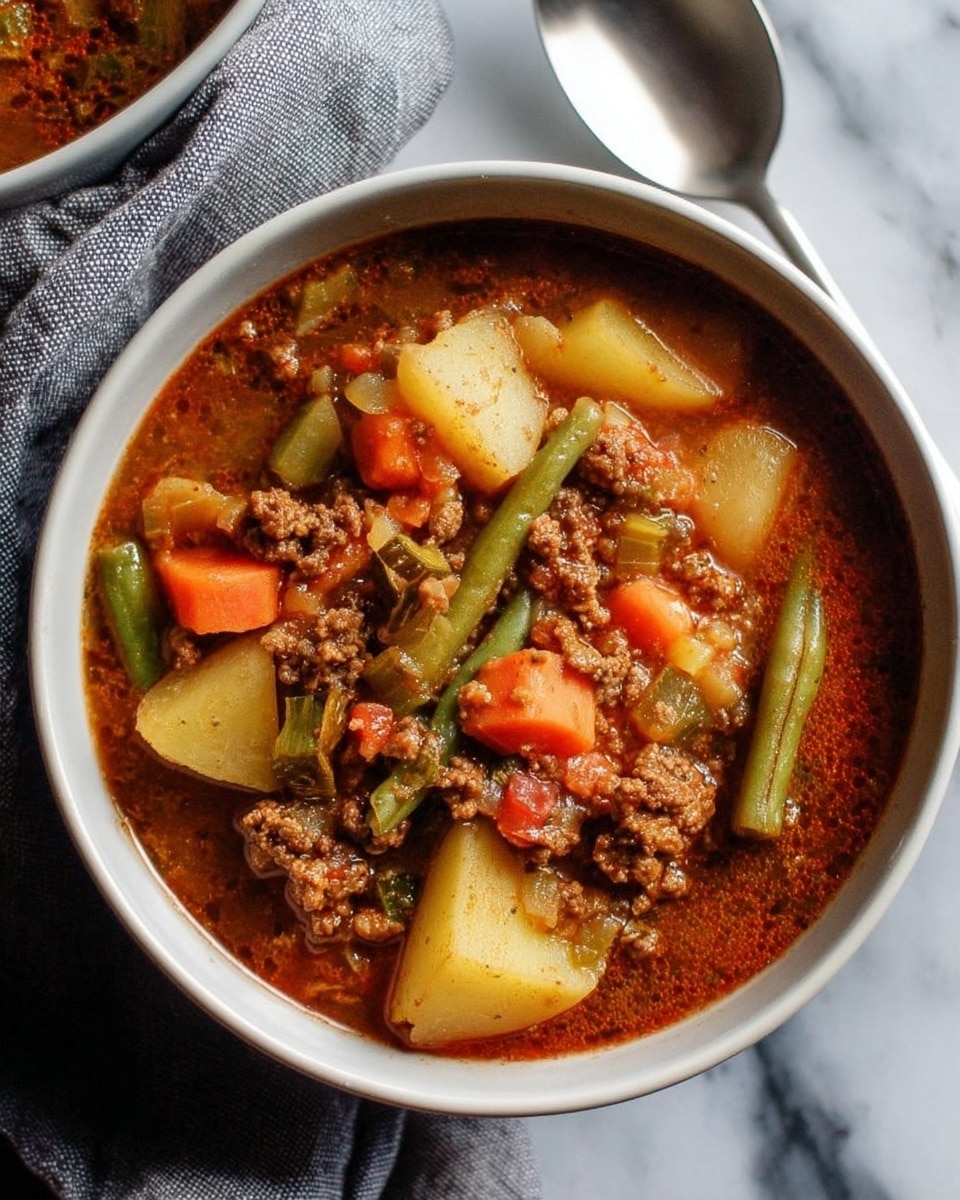 A close-up image of a white bowl filled with a thick stew showing three main layers: the bottom layer is a reddish-brown broth with a slightly oily texture, the middle layer contains chunks of cooked ground meat mixed with small pieces of diced carrots, celery, and onions, and the top layer has larger pieces of light yellow potatoes and bright green beans scattered evenly. The bowl is placed on a white marbled surface, with a folded grey cloth and a silver spoon resting next to it. photo taken with an iphone --ar 4:5 --v 7