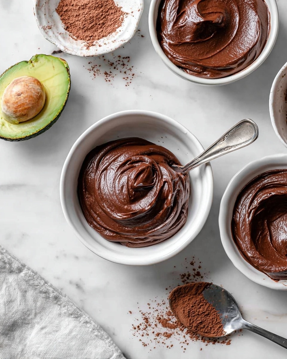 Three white bowls, each filled with smooth, thick, dark brown chocolate mousse with creamy swirls on top, sit on a white marbled surface. The largest bowl at the bottom left has a deep swirl pattern, the medium bowl at the top right has a wider, softer swirl, and the smallest bowl at the bottom right has a tighter, deeper swirl. Nearby, there is a halved avocado with bright green flesh and a dark, bumpy skin, a small white bowl with light brown cocoa powder spilled around it, and two metal spoons with dark chocolate residue resting side by side. A beige cloth lies near the smallest bowl. Photo taken with an iphone --ar 4:5 --v 7