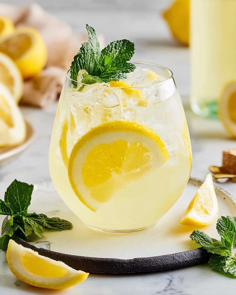 A round clear glass filled with a light yellow drink with ice cubes inside, garnished with thin lemon slices on the side and a lemon wedge floating on top, is being filled with a bubbly liquid from a dark bottle wrapped with silver foil. The glass rests on a small white plate with a rough edge, placed on a white marbled surface. In the background, there is a white container holding whole yellow lemons, a bottle with a swing top filled with yellow liquid, a sliced lemon, and a striped cloth on the right side. A lemon wedge sits in front of the plate on the surface. Photo taken with an iphone --ar 4:5 --v 7