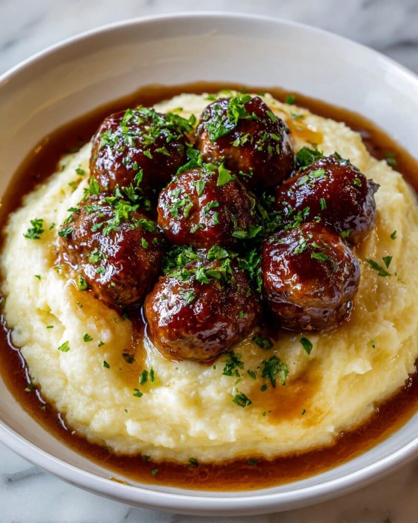 Salisbury Steak Meatballs with Garlic Herb Mashed Potatoes Recipe