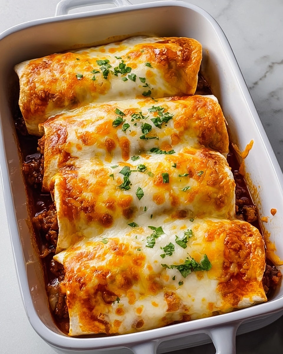 In a white rectangular dish, there are five large burritos tightly wrapped and covered with a generous layer of melted golden cheese that has some brown spots from baking. The burritos have a light tan color with hints of the savory meat and sauce filling visible at the edges. Small green herb bits are sprinkled on top, adding a fresh touch. The texture of the cheese is smooth and slightly bubbly, with the burrito tortillas soft but firm underneath. The dish sits on a white marbled surface. photo taken with an iphone --ar 4:5 --v 7