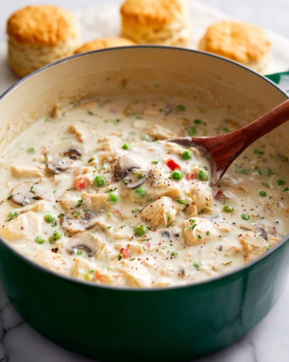 A white bowl filled with a creamy, thick white sauce that has small green peas, red pepper pieces, light brown mushroom slices, and chunks of white chicken. In the center is a single golden-brown biscuit partially covered by the creamy sauce. A silver spoon rests on the right side inside the bowl, touching the creamy mixture. The bowl sits on a white marbled surface. Photo taken with an iphone --ar 4:5 --v 7