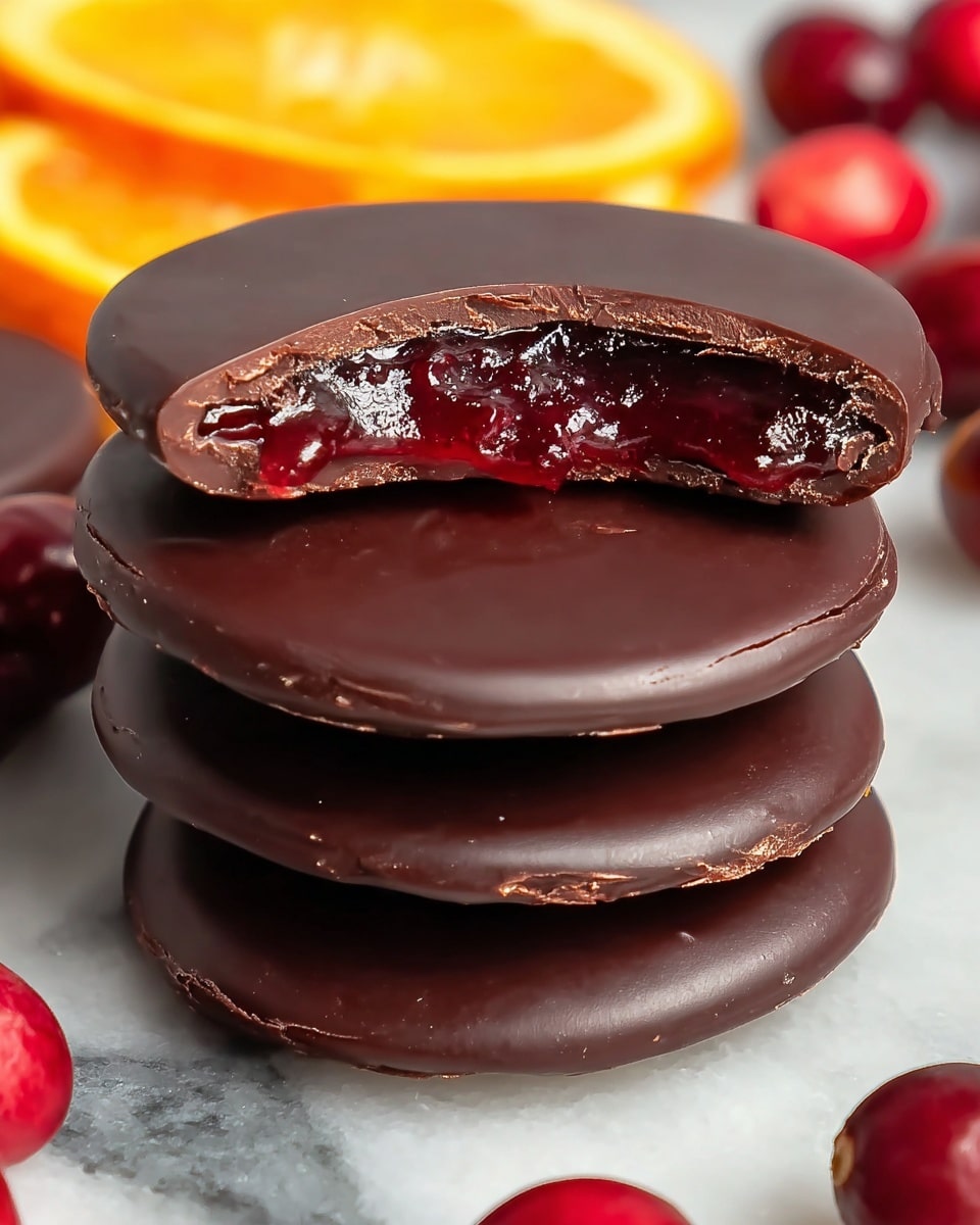 Three round layers of dark chocolate are stacked on a white marbled surface. The top chocolate layer has a bite taken out, revealing a shiny, deep red jelly-like filling inside. The chocolate disks have a smooth, slightly glossy texture with some rough edges. Surrounding the stack are whole red cranberries and blurred orange slices in the background. Photo taken with an iphone --ar 4:5 --v 7