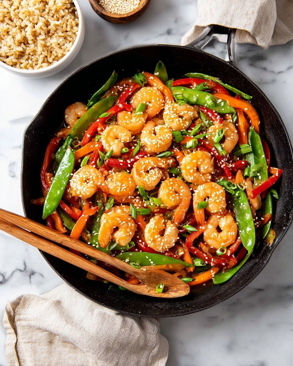 The image shows a black cast iron pan filled with a colorful shrimp stir-fry. The dish has layers of pink shrimp scattered all over, bright green snap peas, and strips of red bell pepper mixed with thin orange carrot slices. There are small pieces of mushrooms and chopped green onions sprinkled on top along with white sesame seeds. A pair of wooden chopsticks rests on the left side of the pan. The pan sits on a white marbled surface with a small white bowl of sesame seeds and a white bowl of brown rice in the background. photo taken with an iphone --ar 4:5 --v 7