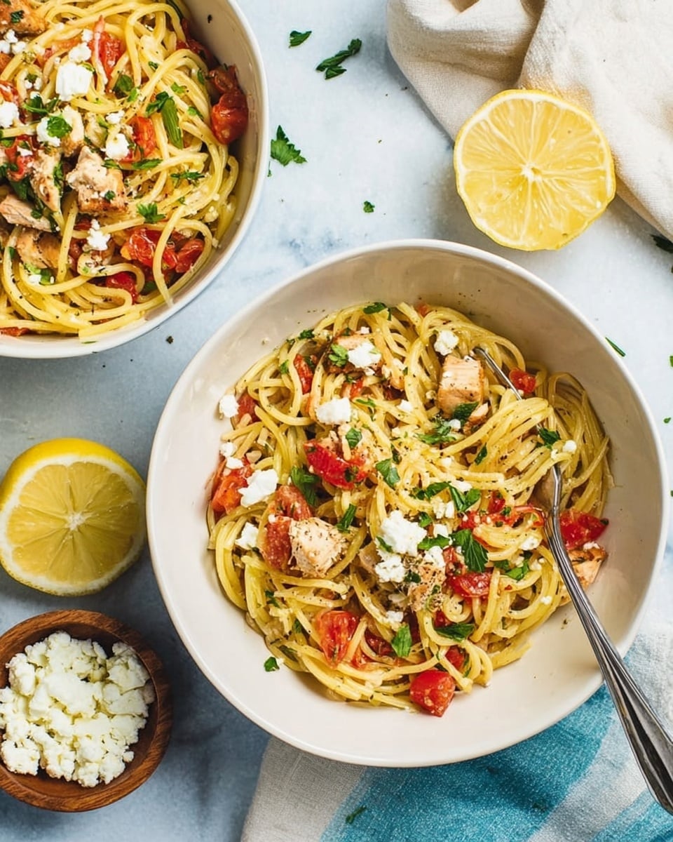 The image shows two white bowls filled with spaghetti pasta mixed with small pieces of grilled chicken, diced red tomatoes, and green herbs scattered evenly throughout. Each bowl has about three visible pasta layers, with the top layer garnished with chopped parsley and small chunks of feta cheese. One bowl has a lemon wedge placed on the side. A white marbled surface is underneath, with a wooden bowl of crumbly white cheese nearby and a folded soft cloth napkin beside one bowl. A fork is resting inside one bowl. Photo taken with an iphone --ar 4:5 --v 7