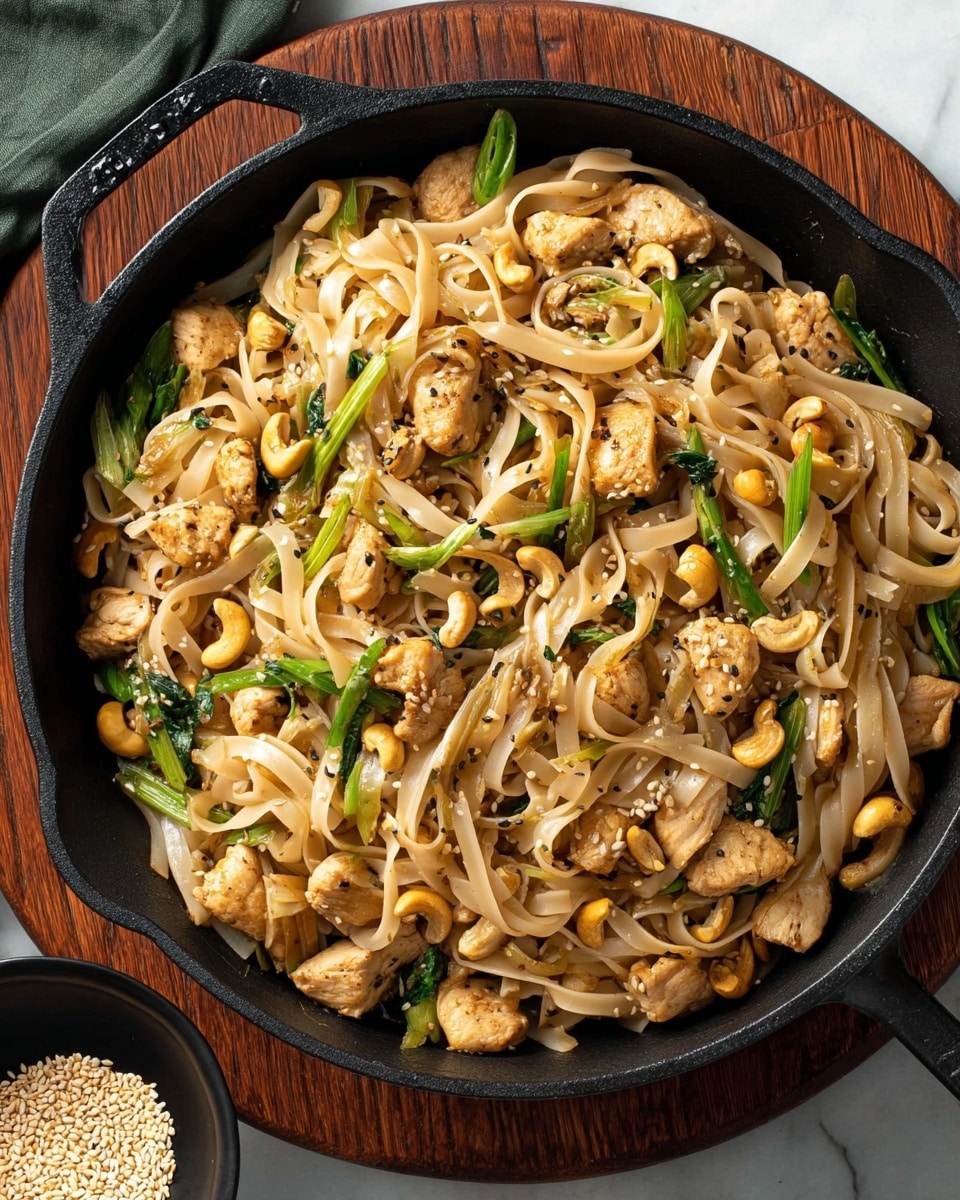 The dish is shown in a black cast iron skillet with a green handle, placed on a wooden board. It consists of three main layers: the bottom layer has light beige flat rice noodles that look soft and slightly glossy, twisted around and filling the pan; the middle layer has small to medium chunks of cooked light brown chicken pieces scattered evenly; the top layer includes bright green sliced scallions and whole light tan cashew nuts mixed in, sprinkled with small black and white sesame seeds for texture and contrast. The skillet is set on a white marbled surface with a bit of a shadow on one side. photo taken with an iphone --ar 4:5 --v 7