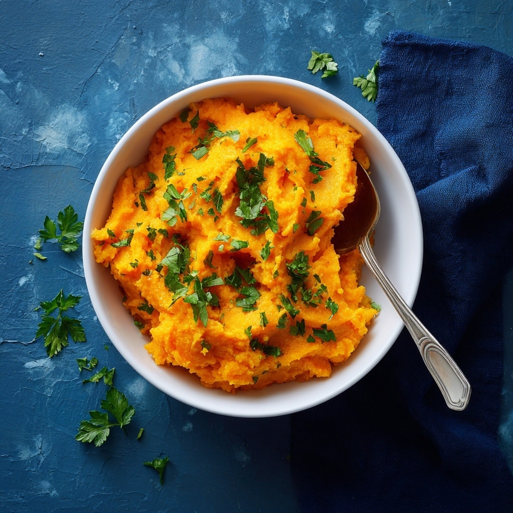 A close-up view of a bowl filled with bright orange mashed sweet potatoes, showing a thick, slightly chunky texture. The mash is topped with small scattered green parsley leaves for a fresh contrast. The bowl is white and smooth, sitting on a white marbled surface. A silver spoon is placed inside the bowl resting against the edge. There are a few parsley leaves scattered on the surface around the bowl. The overall scene is bright and inviting. photo taken with an iphone --ar 4:5 --v 7