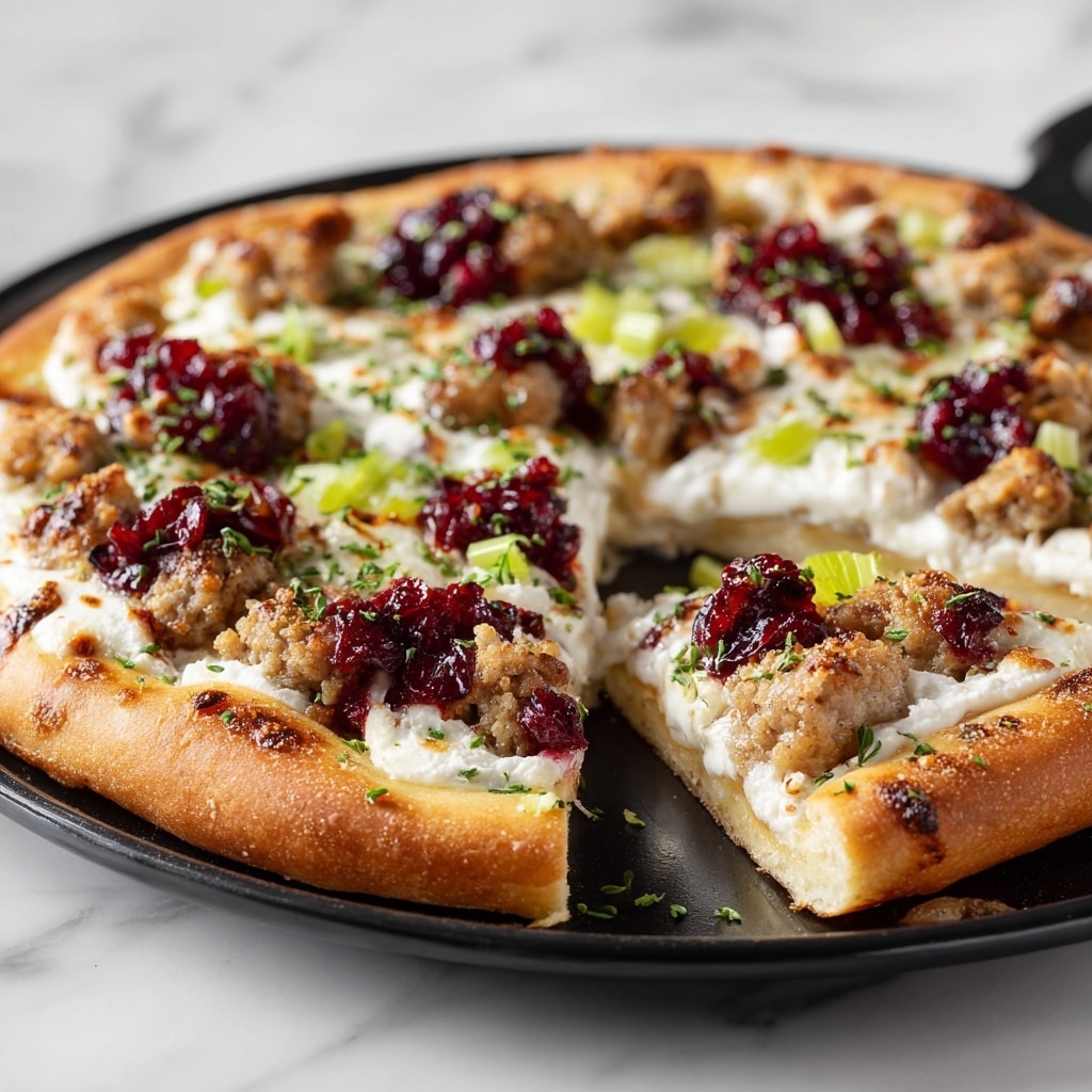 The image shows a close-up of a pizza with a thick, golden brown crust on a black round tray against a white marbled texture. The pizza has a creamy white cheese base layer topped with irregular dollops of bright red cranberry sauce, small chunks of browned sausage, and bits of green celery scattered across. Fresh chopped green herbs are sprinkled on top, adding a pop of color. One triangular slice is slightly pulled out, revealing the melty texture of the cheese and toppings. Photo taken with an iphone --ar 4:5 --v 7