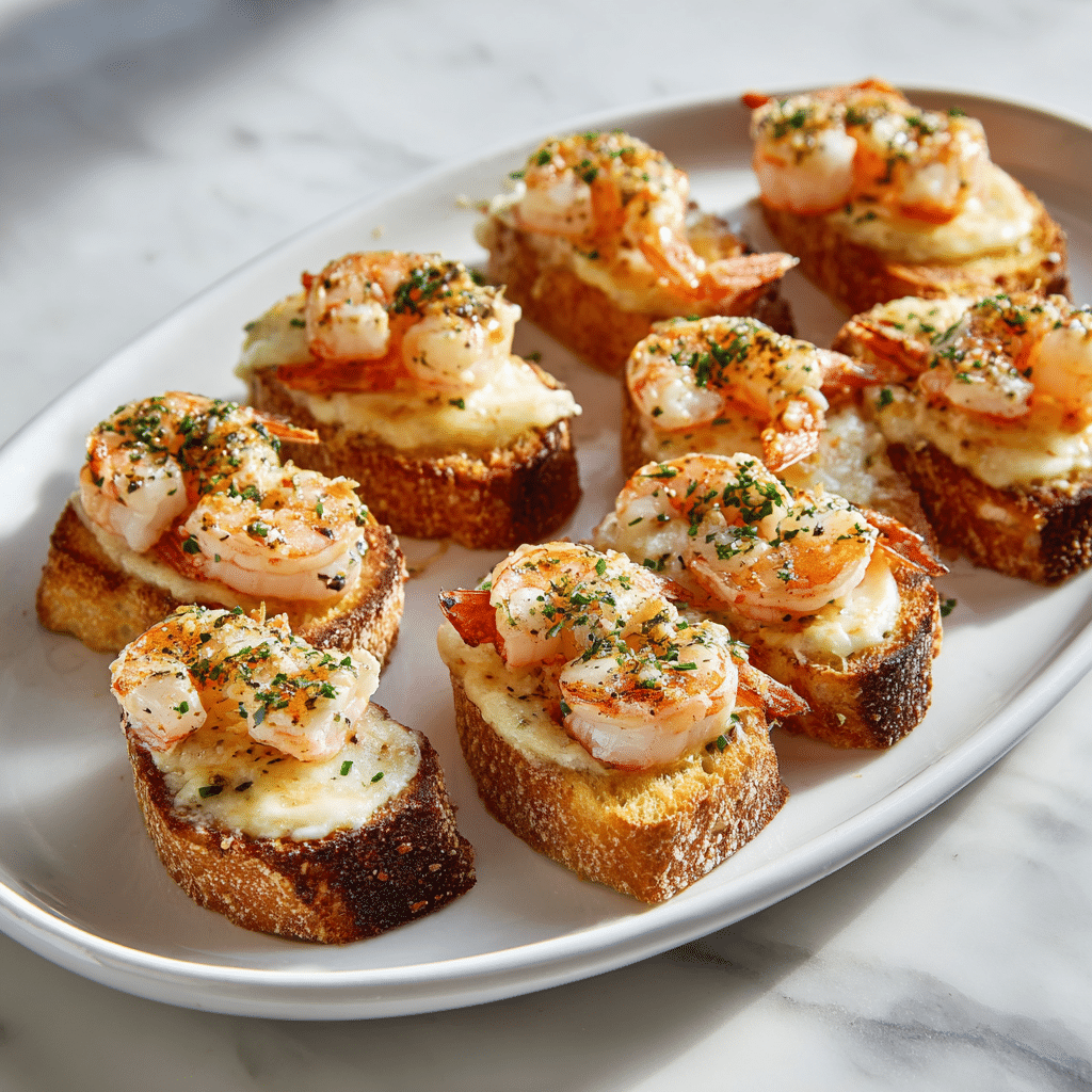 A white oval plate holds nine pieces of toasted bread, each about two layers thick. The bottom layer is golden brown toasted bread with a rough texture. On top of the bread is a creamy white melted cheese layer, smooth and slightly bubbling. Each piece is topped with a single cooked shrimp that is pink and slightly curled, with a sprinkle of finely chopped green herbs scattered over the shrimp and cheese. The plate is placed on a white marbled surface in soft natural light. photo taken with an iphone --ar 4:5 --v 7