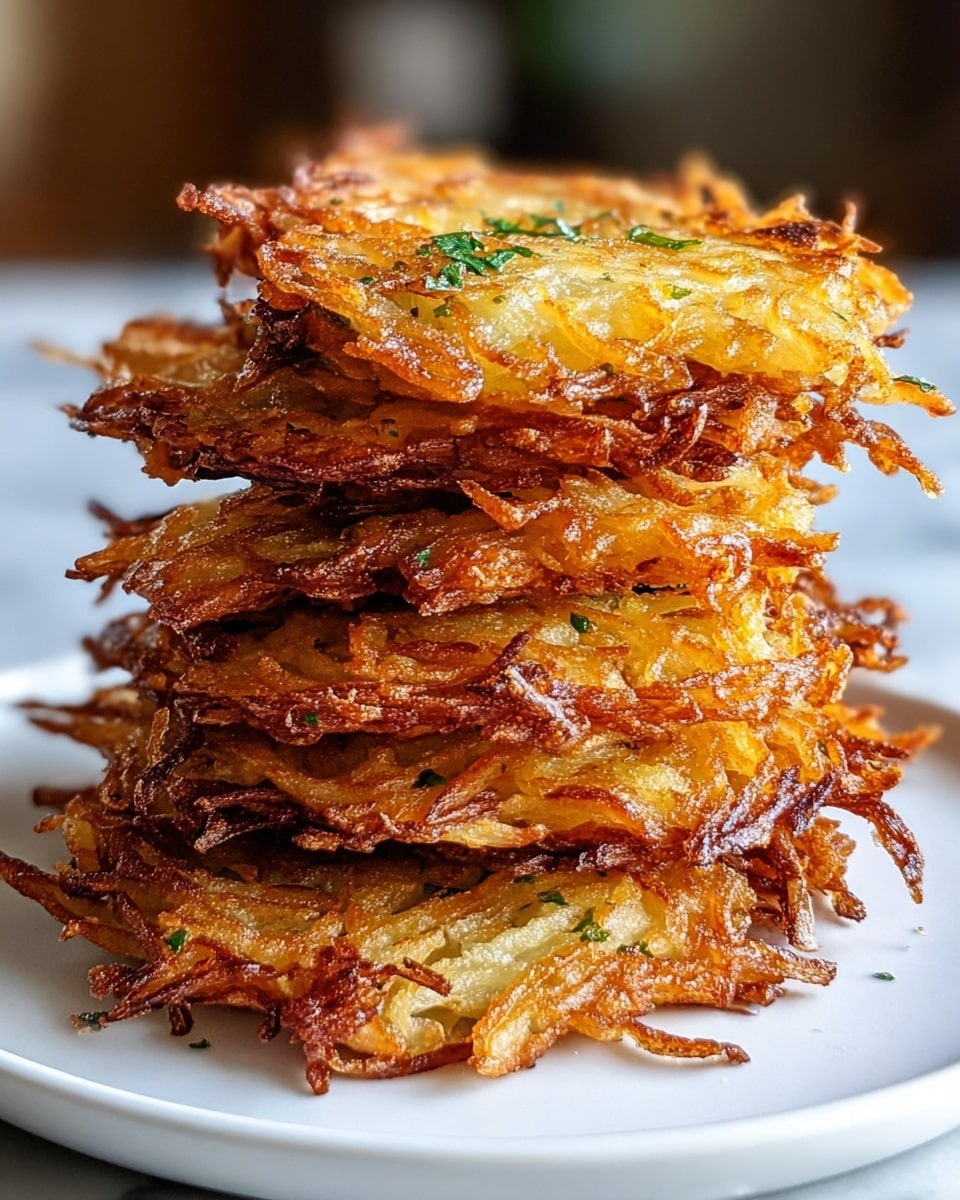 A stack of seven golden-brown potato fritters sits on a white plate, each fritter showing thin, crispy strands of fried potato with hints of green herbs visible inside. The fritters have an irregular round shape with crispy, lace-like edges curling outward, giving a crunchy texture look. The surface looks shiny from the fried oil, and the layers are piled unevenly, showing the golden, crunchy parts clearly from the side. The background is softly blurred with a warm tone, resting on a white marbled surface. Photo taken with an iphone --ar 4:5 --v 7