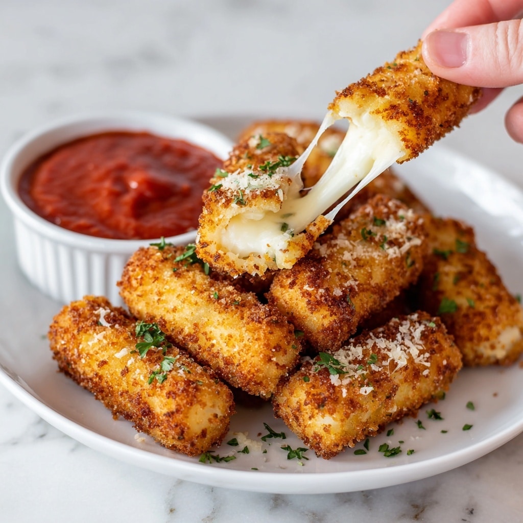 A white plate holds a stack of golden brown, crispy breaded mozzarella sticks sprinkled with small green parsley pieces. One mozzarella stick is pulled apart to show melted white cheese stretching between the two halves. On the side of the plate, there is a small round wooden bowl filled with bright red marinara sauce with a thick texture. The plate is set on a white marbled texture surface. Photo taken with an iphone --ar 4:5 --v 7