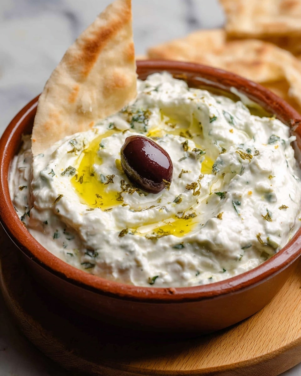 A close-up view of a bowl of creamy white yogurt-based dip with visible small chunks and green herb specks, drizzled with golden olive oil, topped with a single dark purple olive in the center, placed on a wooden board. Next to the bowl, several pieces of flatbread with a light brown toasted texture lie folded. On a small wooden board nearby, three round slices of bright green cucumber are stacked. A bottle of yellow olive oil is partially visible on a white marbled surface, along with a knife with a silver blade and light brown handle resting beside a brown cloth. Photo taken with an iphone --ar 4:5 --v 7