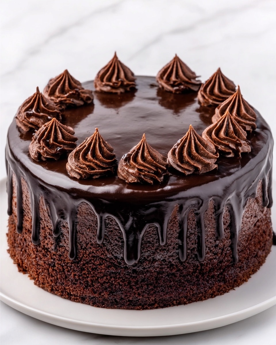 The image shows a rich dark chocolate cake with three thick layers covered in smooth, shiny black velvet chocolate icing. The cake is topped with eight tall, swirled dollops of glossy chocolate cream, each decorated with a thin drizzle of darker chocolate sauce. One slice is cut out, revealing the moist, dark chocolate inside and the thick chocolate frosting between the layers. The cake stands on a simple round white plate against a white marble background, highlighting the deep black colors of the cake. photo taken with an iphone --ar 4:5 --v 7