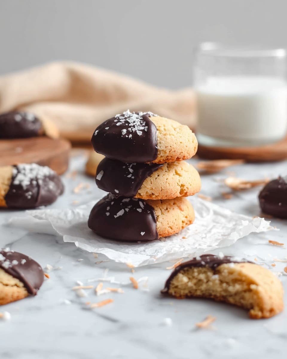 A stack of three round cookies sits at the center, each partly dipped in dark, shiny chocolate covering about half of the cookie, with a few white salt flakes sprinkled on top of the chocolate side; the cookie part is golden and cracked in texture. Around the stack, more cookies are scattered, some fully chocolate-coated, some partially, and one cookie on the right is broken to show its crumbly inside. The cookies rest on a crumpled white paper, with scattered white coconut flakes nearby. The scene is set on a white marbled surface with a blurred milk glass on a small wooden board in the background, along with a beige cloth adding warmth to the scene. photo taken with an iphone --ar 4:5 --v 7