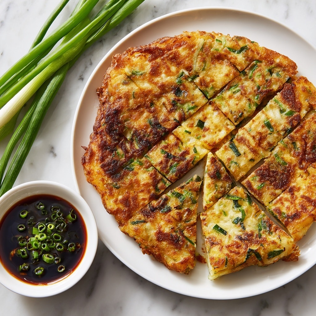 A white plate holds a round, golden-brown pancake cut into several triangle pieces, with green vegetable bits visible throughout its single thick layer; one piece is held by silver chopsticks above a small clear glass bowl filled with dark soy sauce that contains sliced green onions floating inside. The pancake has a crispy texture with some darker charred spots on the surface. The scene is set on a white marbled surface with a white cloth nearby. photo taken with an iphone --ar 4:5 --v 7