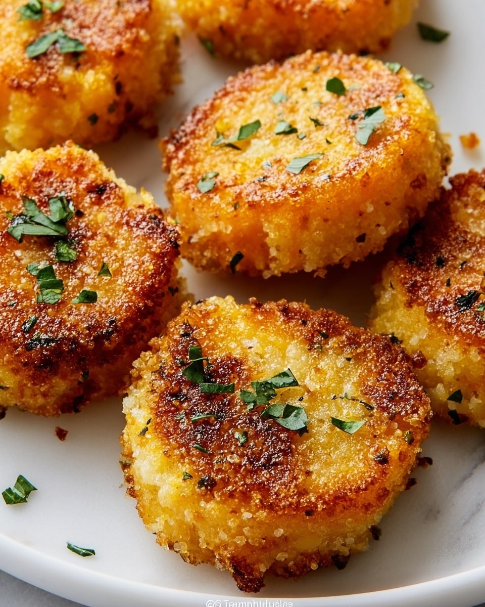 The image shows several small, round, golden-brown patties with a crispy, textured outer layer and a soft, yellow-orange inside. Each patty is garnished with small green herb leaves scattered on top. The patties are placed on a white plate with a white marbled surface underneath, giving a clean and bright look. The lighting highlights the crunchy crust and the tender inside of the patties, making them look warm and freshly cooked. photo taken with an iphone --ar 4:5 --v 7
