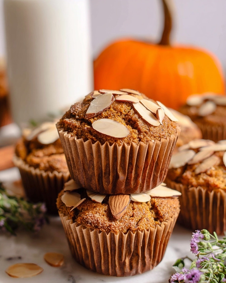 A close-up of multiple brown muffins stacked in a small pile, each muffin topped with a layer of light tan, thinly sliced almonds scattered unevenly on their rounded tops, with the muffins wrapped in light brown, crinkled paper liners, all placed on a white marbled surface; in the background, there is a blurred orange pumpkin, a small wooden tray filled with almonds, a glass bottle filled with light yellow liquid, and some green herbs with small purple flowers, creating a warm and cozy autumn feel. photo taken with an iphone --ar 4:5 --v 7