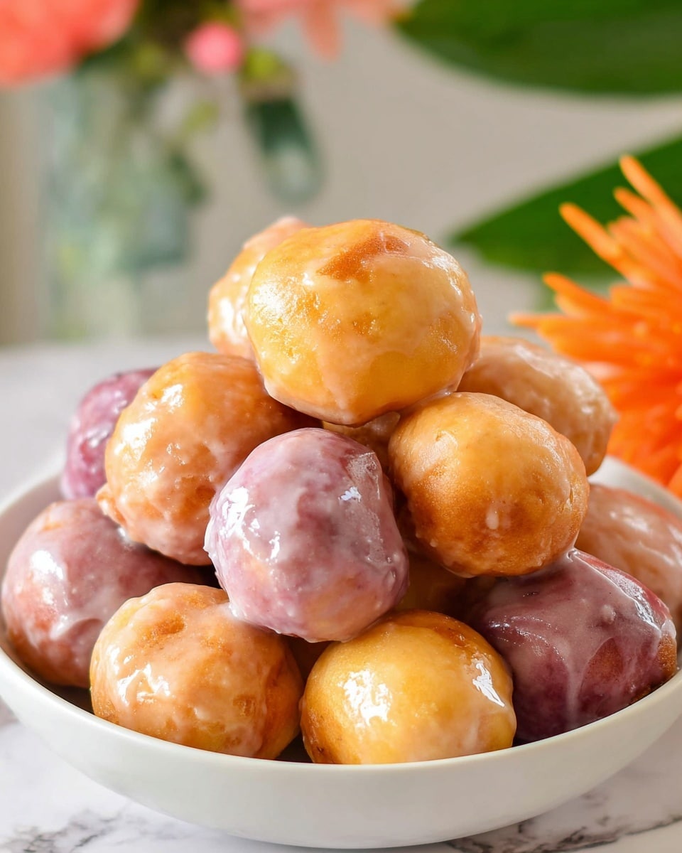 A white plate holds a stack of glaze-coated doughnut holes arranged in two layers, with the bottom layer consisting of five golden-brown doughnut holes and the top layer showing four glazed doughnut holes, one of which has a purple tint. The doughnut holes have a shiny texture from the glaze, creating a smooth and slightly reflective surface. In the background, out of focus, there is a soft green leaf decoration and a hint of orange flower, sitting on a white marbled surface with a lavender cloth nearby. Photo taken with an iphone --ar 4:5 --v 7
