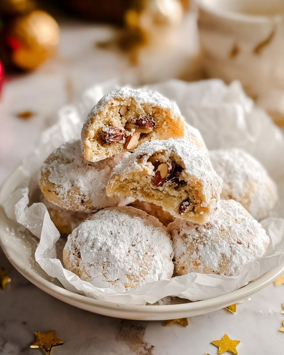 A white plate holds a stack of round cookies, each covered fully with powdered sugar, giving them a light, snowy look. The cookies are golden brown underneath the sugar, with a slightly rough, crumbly texture visible. The plate is lined with white parchment paper, and small golden star-shaped sprinkles are scattered around the plate and on a white marbled surface beneath. In the background, there is a soft focus of a lit candle in a gold holder alongside a small, light brown gingerbread house decoration and a pine cone, all on the same white marbled surface. photo taken with an iphone --ar 4:5 --v 7
