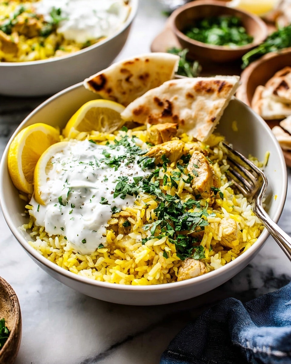 A white bowl holds a dish with three main layers: the bottom layer is yellow rice mixed with small pieces of golden-brown chicken, the middle layer consists of a dollop of creamy white sauce with green herbs sprinkled on top, and the top layer has two beige pita bread wedges resting on the rice along one side. Thin lemon slices are arranged around the edge of the bowl, and fresh green herbs are scattered over the rice and sauce. A silver fork is partially in the bowl with some food on it. The bowl sits on a wooden table with a beige cloth nearby and fresh green herbs around it. photo taken with an iphone --ar 4:5 --v 7