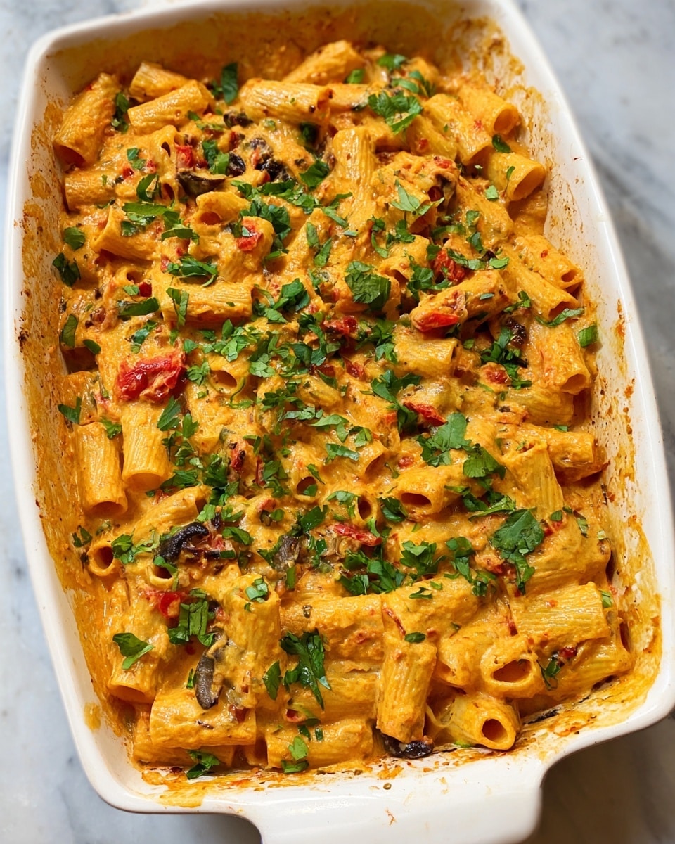 The image shows a white baking dish filled with baked pasta, with about two layers of rigatoni tubes covered in a creamy orange sauce mixed with small pieces of red and green vegetables and bits of mushrooms. The pasta is topped with fresh green herbs sprinkled evenly across the surface. The edges of the dish have some sauce stains, and it is sitting on a white marbled texture surface. Photo taken with an iphone --ar 4:5 --v 7