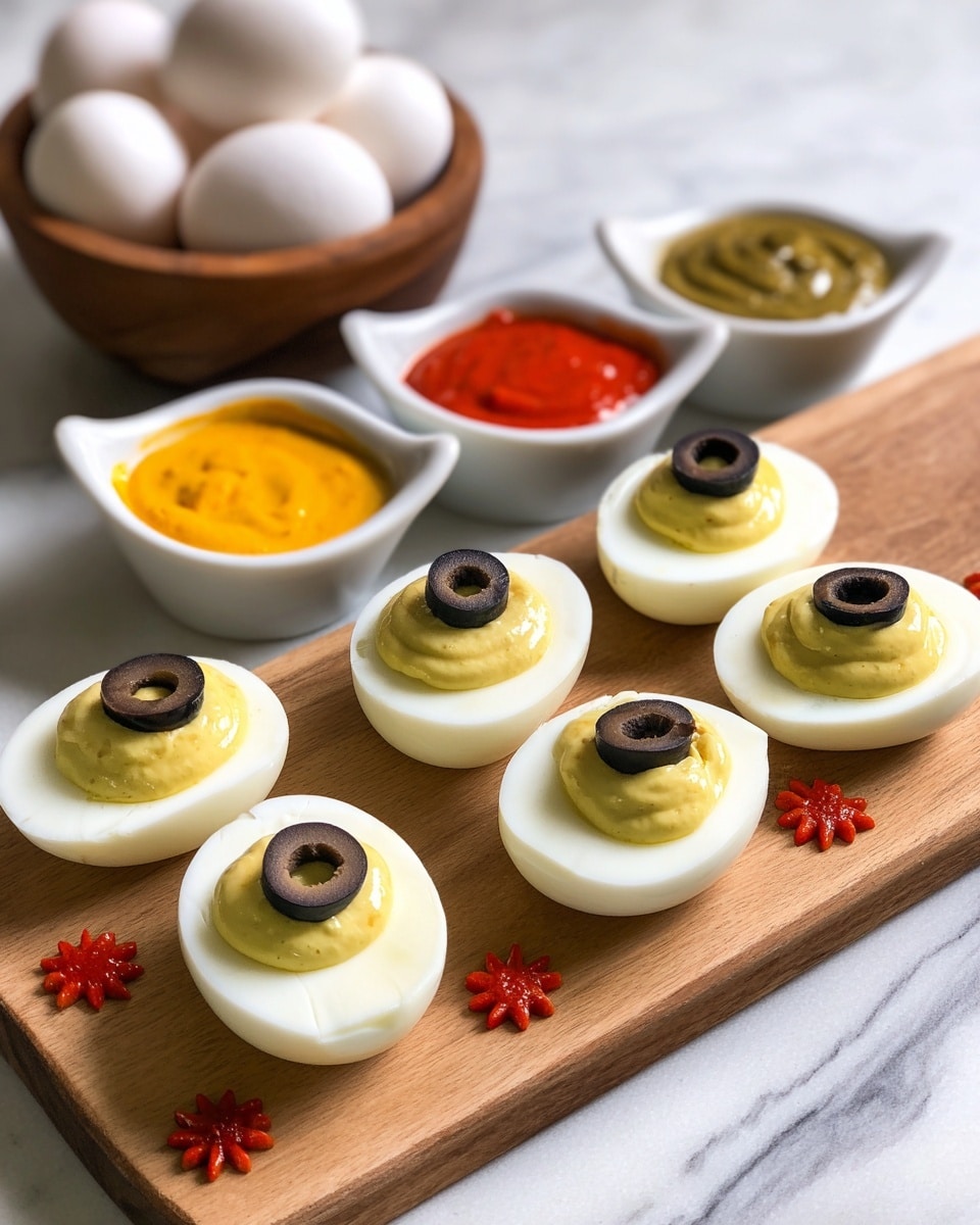 A wooden board rests on a white marbled surface with six halved boiled eggs arranged in two rows. Each egg half has a smooth white base layer of cooked egg white, topped with a creamy, light yellow yolk mixture forming a thick dollop in the center. Thin slices of black olive are placed on top of each yolk mixture, two olives on most halves, creating an eye-like look. Small, star-shaped dollops of reddish-orange sauce are nestled around the eggs on the board. In the background, there are four small white ramekins, each filled with different colored sauces: one mustard yellow, one bright red, one pale yellow, and one greenish-brown sauce. Behind them, a wooden bowl holds three whole white eggs. The whole scene is set on a white marbled surface with careful lighting that highlights the smooth textures and vibrant colors. photo taken with an iphone --ar 4:5 --v 7