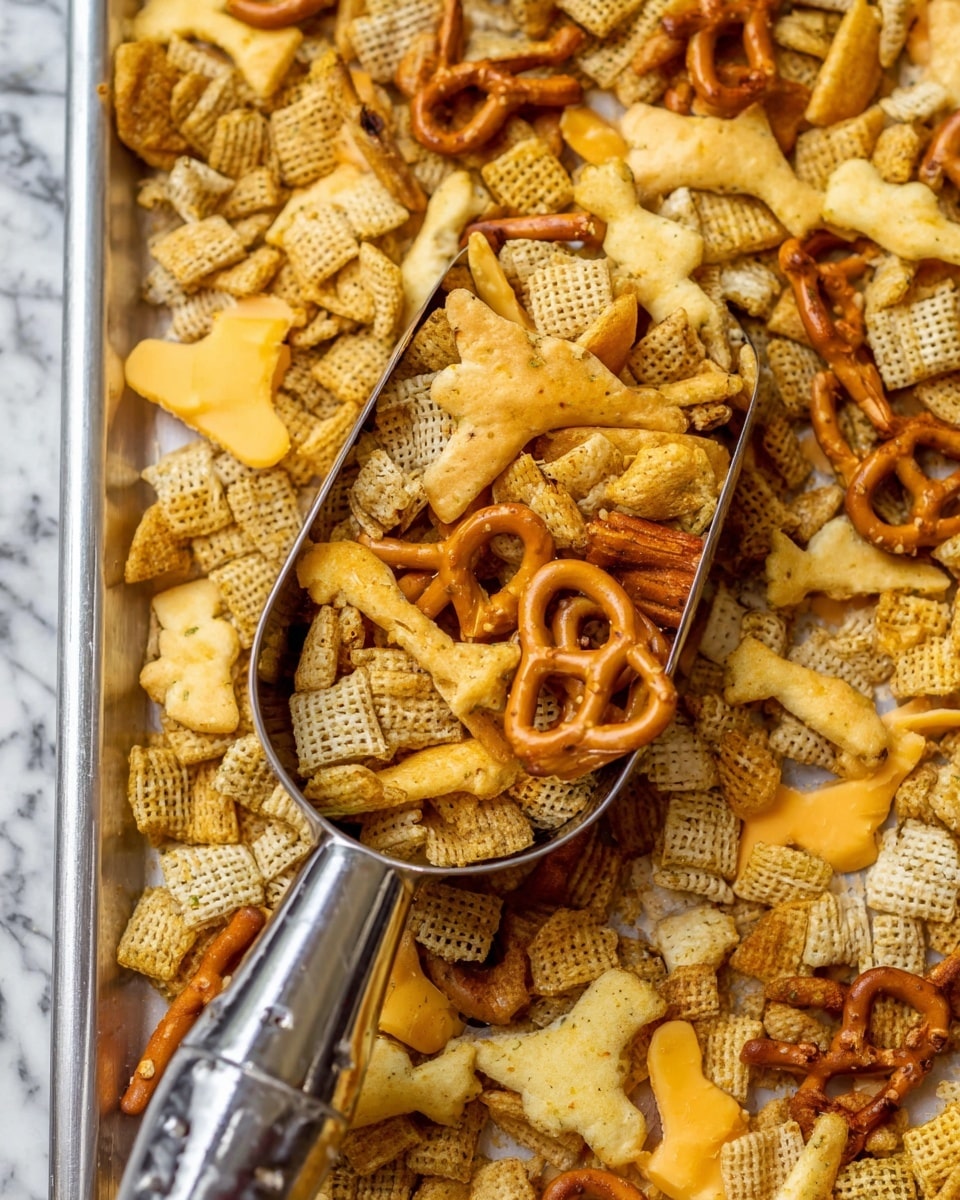 This image shows a close-up of a mixed snack blend spread out flat on a white marbled surface. The mix consists of several layers of different salty snacks: golden yellow corn chips shaped like small cones with ridges, crunchy square crackers in light golden brown shades, small round pale beige crackers, bright orange fish-shaped cheese crackers, and shiny brown pretzels with a twisted shape. The textures vary from smooth and crispy on the crackers to rough and ribbed on the corn chips, with the pretzels having a glossy, slightly rough surface. The colors range from light beige to deep brown, with bright pops of yellow and orange. photo taken with an iphone --ar 4:5 --v 7