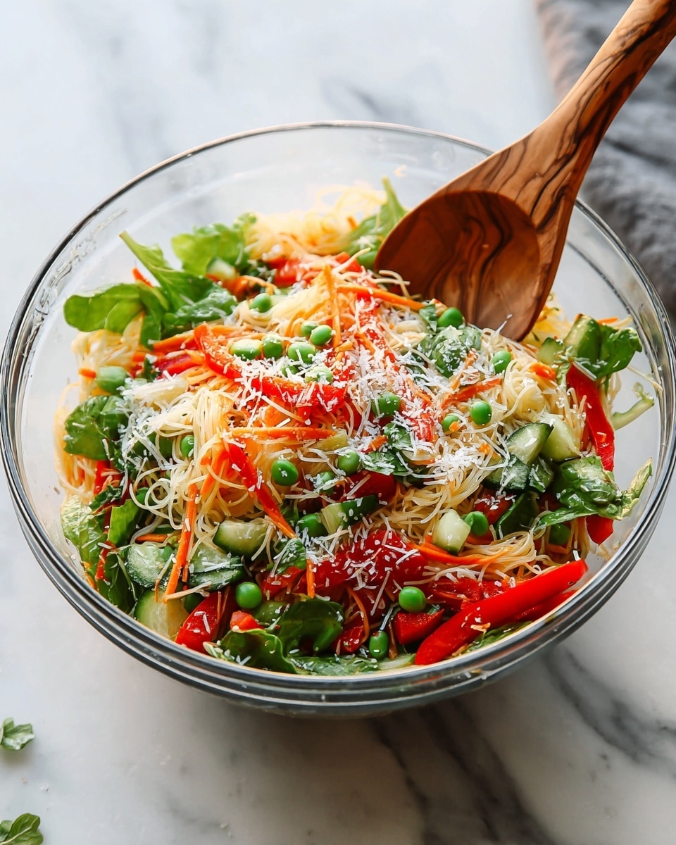 A clear glass bowl filled with a colorful salad sits on a white marbled surface. The bottom layer is thin rice noodles, pale and slightly tangled, topped with bright green lettuce leaves scattered around. Above the greens are chopped cucumber slices with a soft green color and thin slices of red bell pepper adding vibrant red streaks. Shiny green peas are scattered across the salad, with small bits of orange shredded carrot mixed in. The whole salad is sprinkled with finely grated white cheese, and bits of chopped nuts add a crunchy texture. A wooden spoon stands upright in the bowl on the right side. Photo taken with an iphone --ar 4:5 --v 7