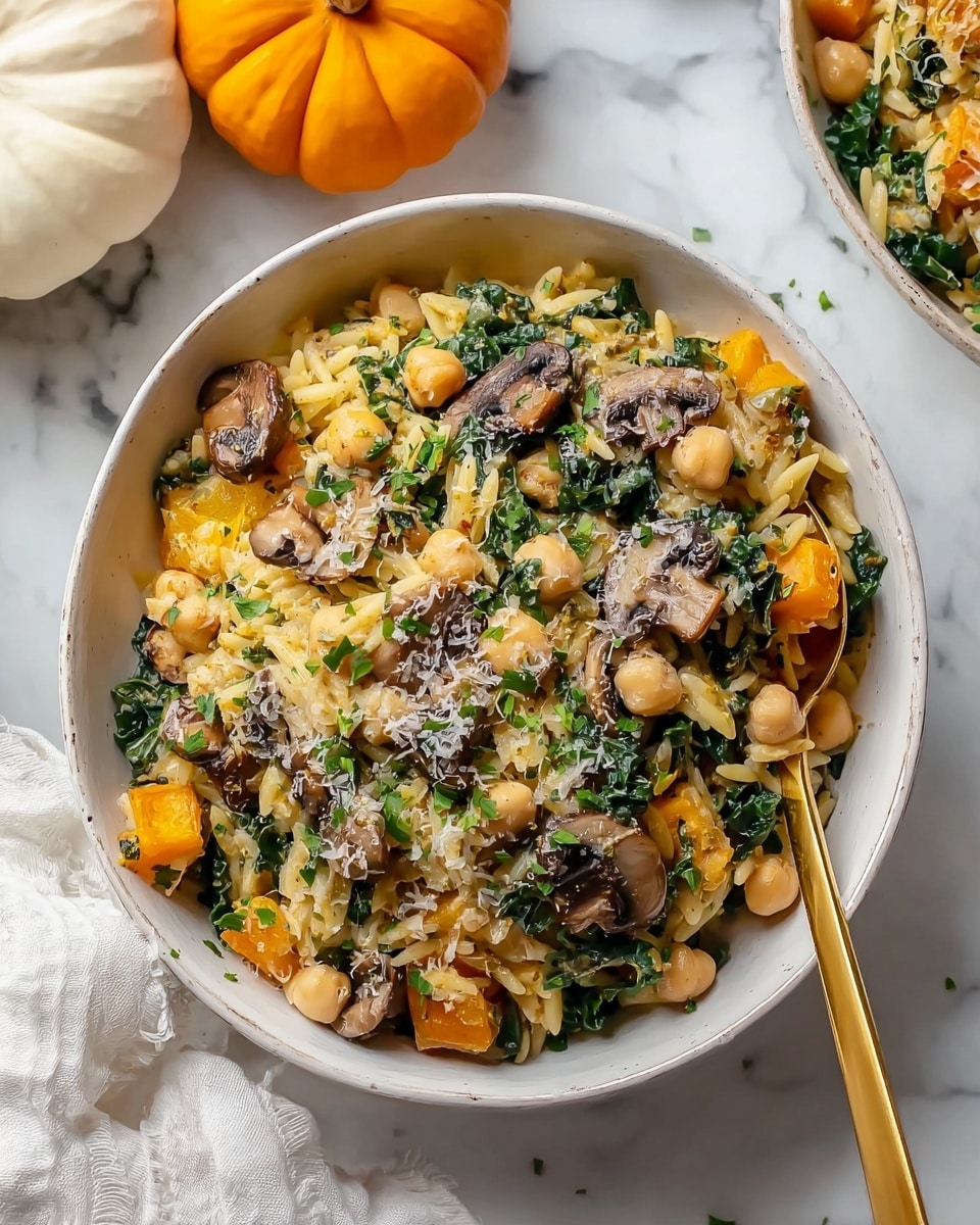 A large round purple cooking pot with two handles is filled with a colorful mix of food seen from above on a white marbled background. Inside, there are several layers: the base layer is light yellow pasta pieces mixed with small beige chickpeas, scattered bright orange chunks of roasted squash, and dark green leafy vegetables spread throughout. The dish is topped with a light sprinkling of finely grated white cheese. A wooden spoon with some food on it rests inside the pot on the right side. Photo taken with an iphone --ar 4:5 --v 7