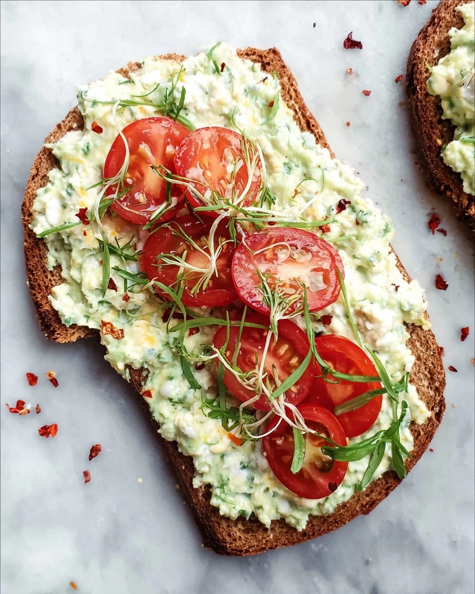A slice of toasted brown bread serves as the base layer, topped with a thick, creamy green spread with visible small herb pieces. On top of this spread, four slices of fresh red tomatoes are arranged in a loose cluster. Thin green sprigs are scattered over the tomatoes and spread, and small red chili flakes are sprinkled around, adding color and texture. The toast is placed on a white marbled surface. Photo taken with an iphone --ar 4:5 --v 7