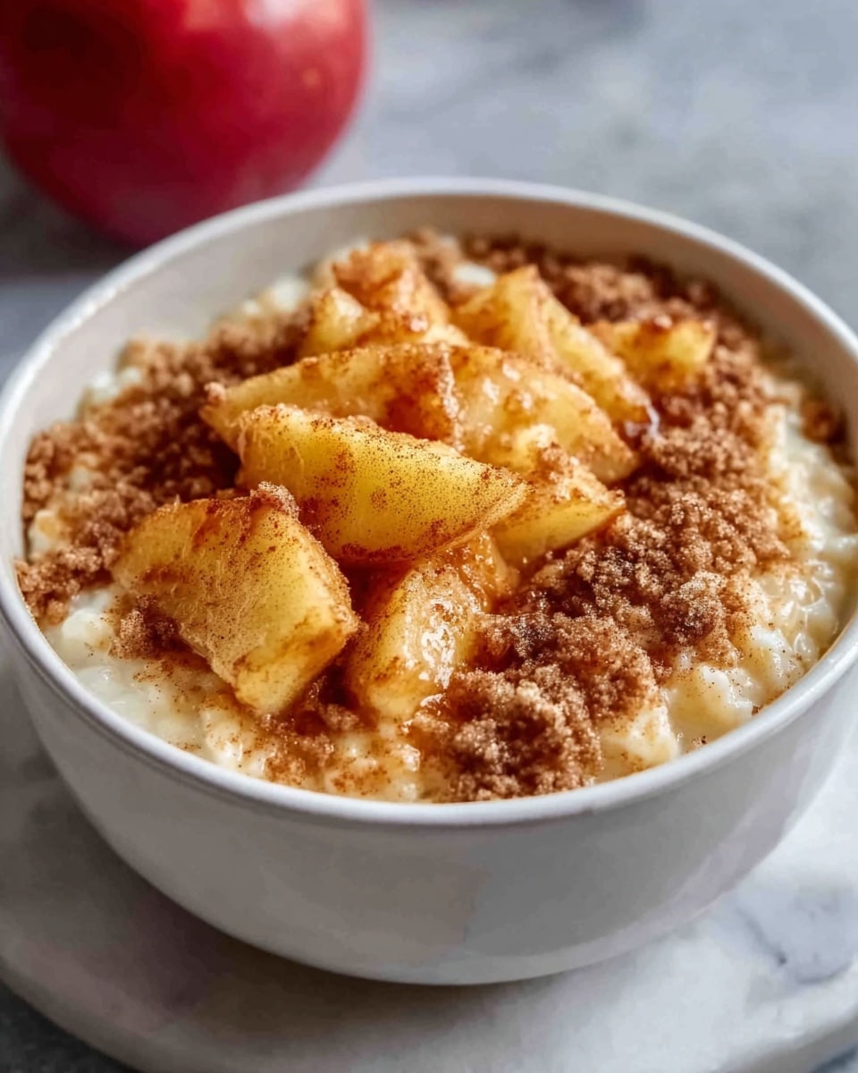 This image shows a white bowl filled with creamy oatmeal topped with several small pieces of soft yellow apple and a layer of crumbly brown cinnamon streusel. The apples are scattered unevenly on top, some embedded a little into the oatmeal, while the cinnamon crumb topping covers parts of the surface with a rough texture. The bowl is placed on a white marbled surface with a blurred whole red-yellow apple and a wooden spoon in the background. Photo taken with an iphone --ar 4:5 --v 7
