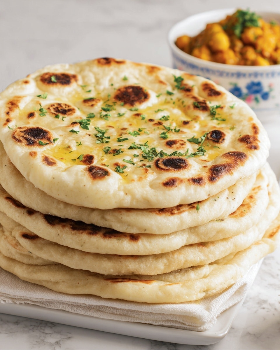 The image shows a white speckled oval plate with four layers of flatbread stacked slightly overlapping each other. Each flatbread is golden brown with darker brown toasted spots and a soft, fluffy texture. The plate is placed on a white marbled surface, with a small white bowl of dark purple olives positioned nearby. On the left side of the plate, a bunch of fresh red tomatoes on the vine adds a pop of color, while a few green leaves lie near the bottom right corner of the image. A white cloth is draped near the bottom left of the plate. photo taken with an iphone --ar 4:5 --v 7